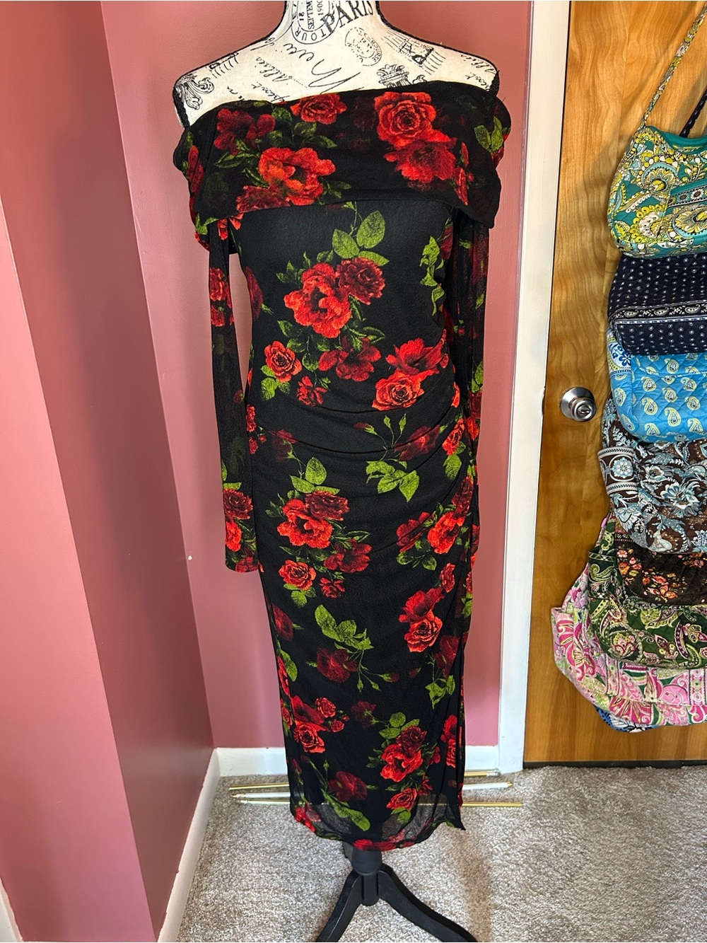 Off-Shoulder Black Floral Cocktail Dress with Red Rose Print